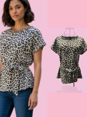 Ann Taylor Leopard-Print Tie-Waist Blouse in Beige and Black